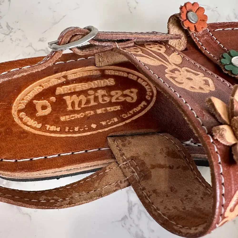 Artisanries D'Mitzy Huaraches Sandals Kids US Sz 0 Brown Leather Embossed Floral